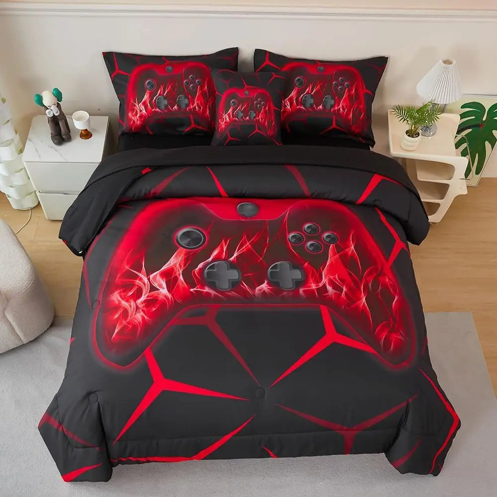 Full Size Lightweight Breathable Microfiber Gamepad Bedding Set for Kids in Red
