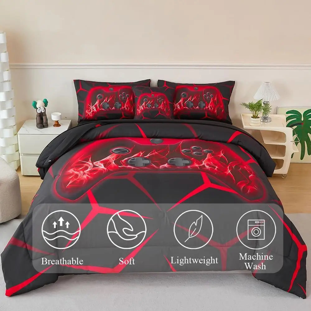 Full Size Lightweight Breathable Microfiber Gamepad Bedding Set for Kids in Red