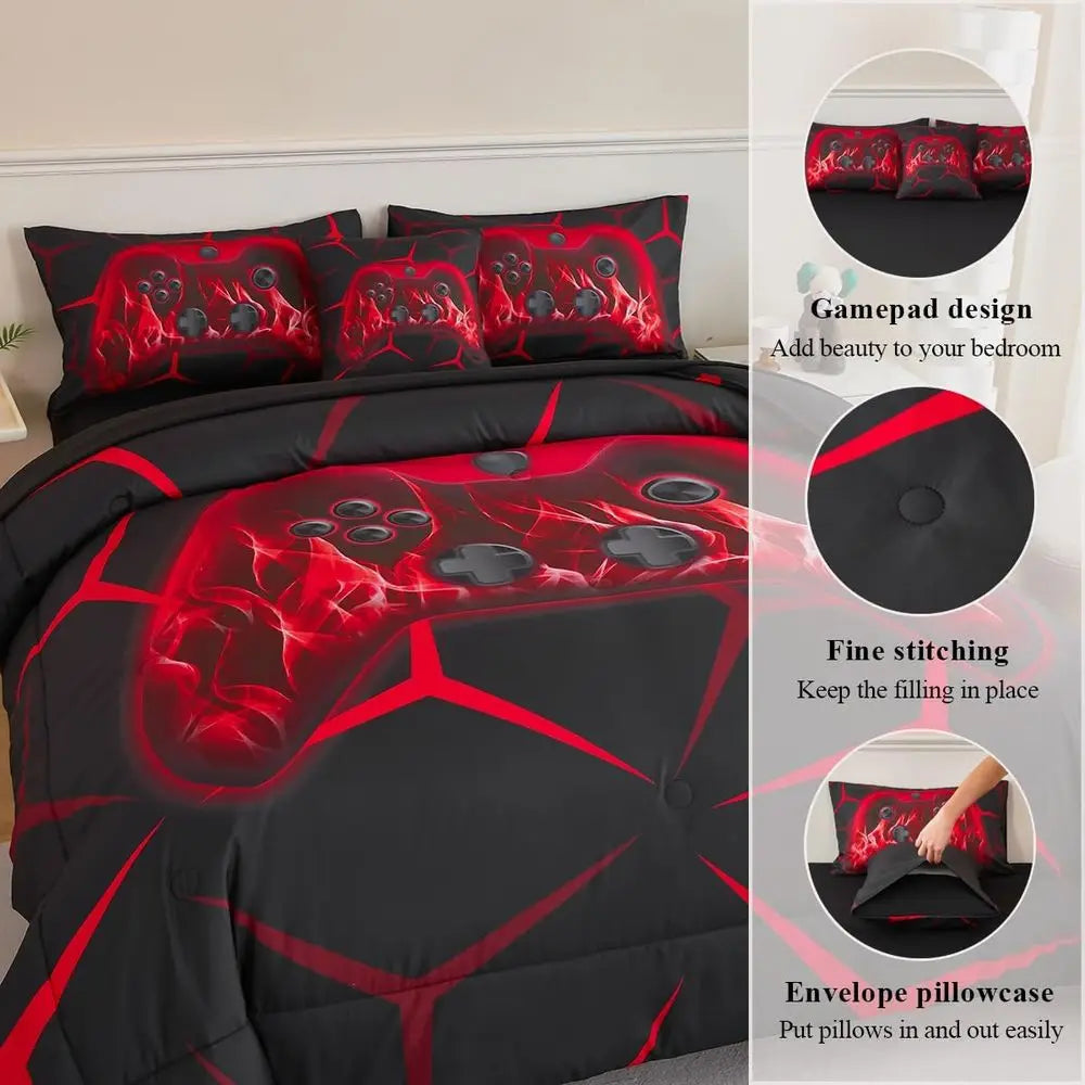 Full Size Lightweight Breathable Microfiber Gamepad Bedding Set for Kids in Red